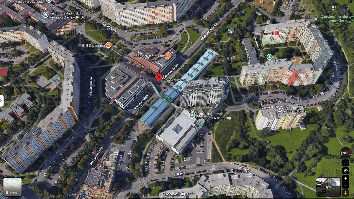 3D mapa okolí OC Luka Living u stanice metra Luka